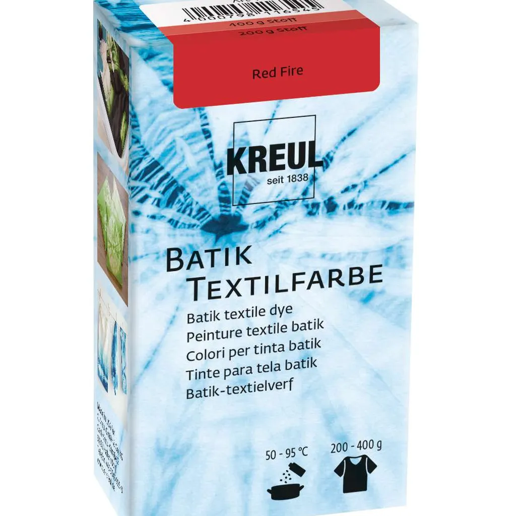 Krabička s práškovou farbou na batikovanie značky KREUL v odtieni „Red Fire“, určená na farbenie textilu.