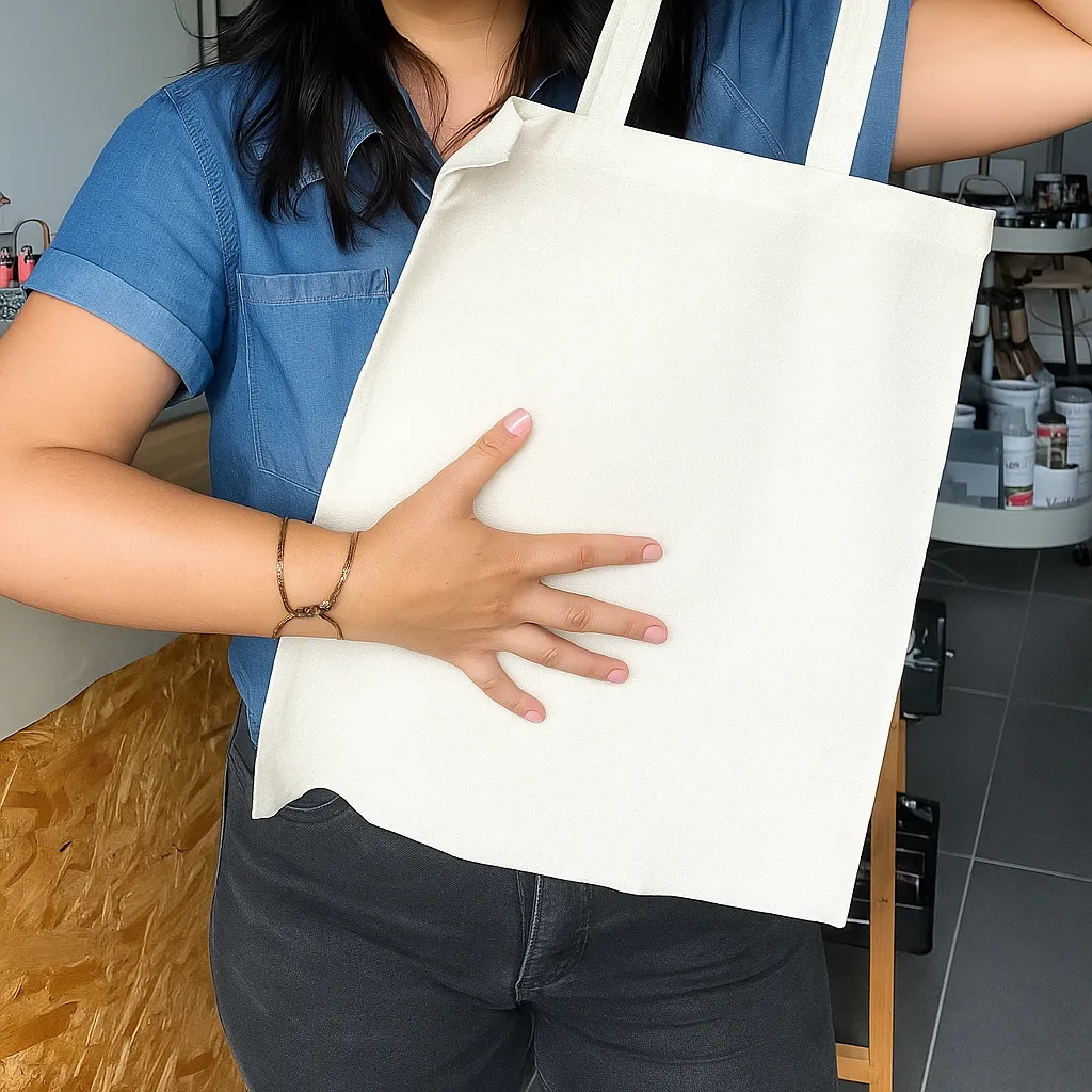 Žena drží obyčajnú bielu látkovú tašku pripravenú na DIY tie-dye projekt.