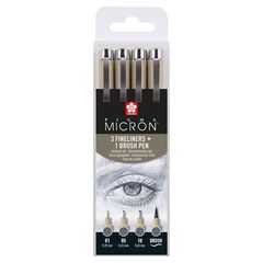 Sada technických pier Sakura Pigma Micron 3 fineliners a brush pen | tmavosivé odtiene